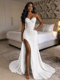 Beaded Sequin Prom Dress Strapless Formal Gowns with High Slit Train