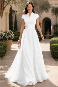 V Neck Cap Sleeve A-Line Floor-Length Satin Bridesmaid Dress