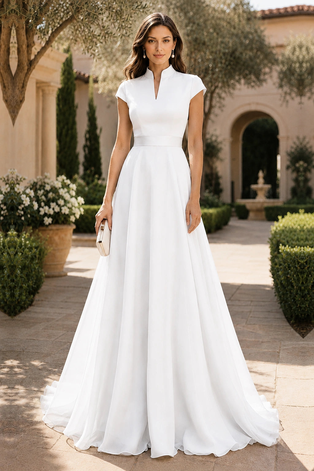 V Neck Cap Sleeve A-Line Floor-Length Satin Bridesmaid Dress
