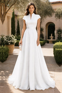 V Neck Cap Sleeve A-Line Floor-Length Satin Bridesmaid Dress