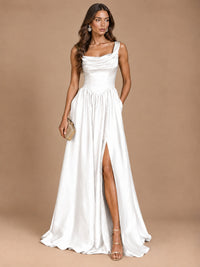 Cowl Neck Pleated Satin Prom Dress with Pockets & Slit Maxi Formal Gowns