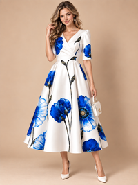 White midi dress with oversized cobalt blue floral print