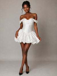 White satin off shoulder corset bodice and sweetheart neckline detail