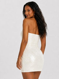 White strapless mini dress with iridescent sequins