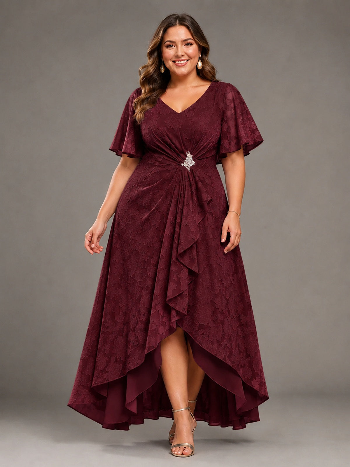 Jacquard Chiffon A-Line V-Neck High-Low Mother of the Bride Dress