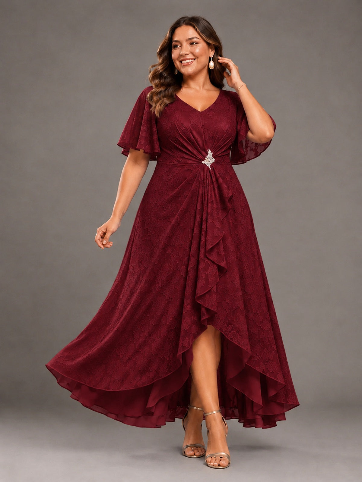 Jacquard Chiffon A-Line V-Neck High-Low Mother of the Bride Dress