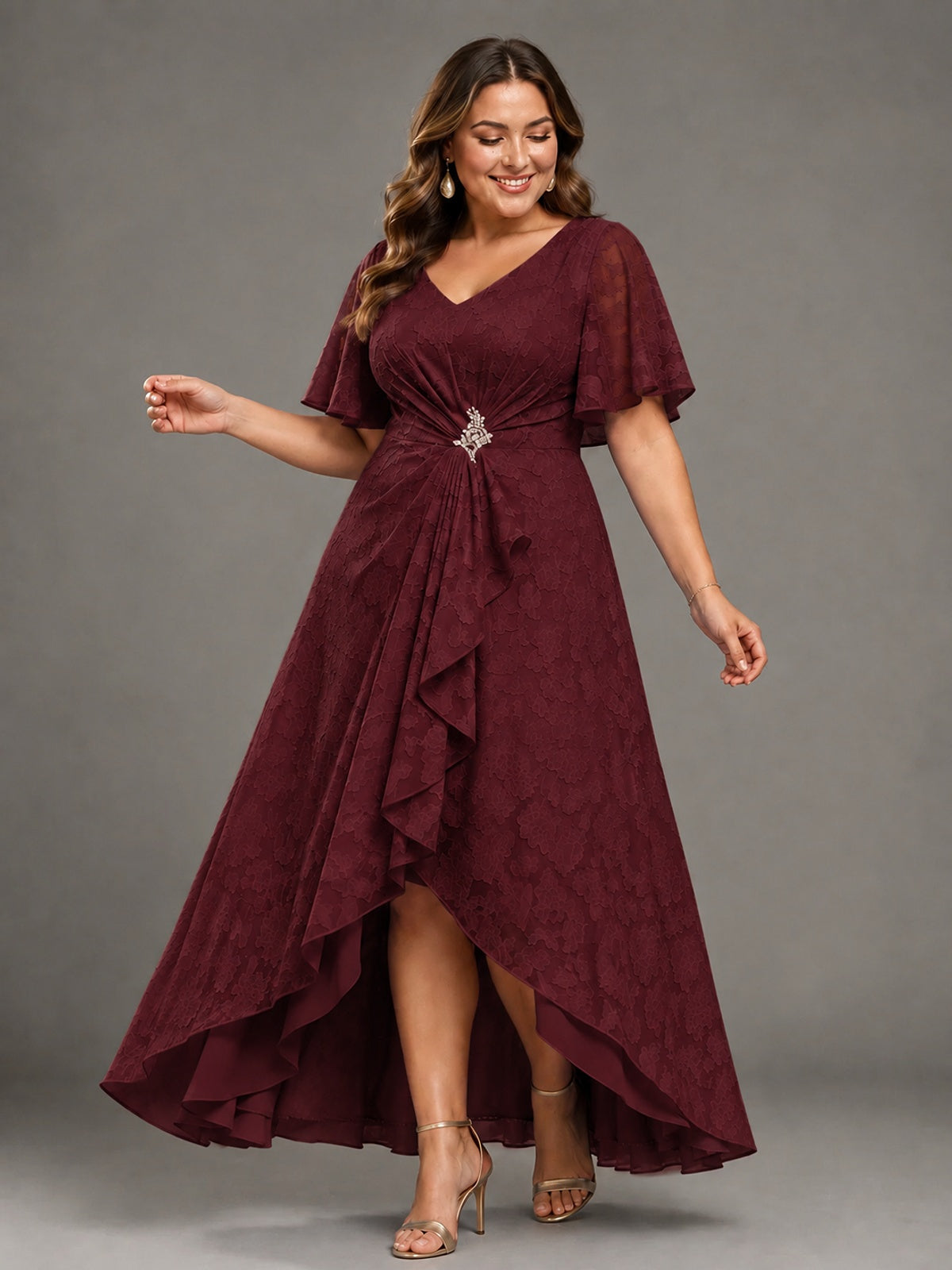 Jacquard Chiffon A-Line V-Neck High-Low Mother of the Bride Dress