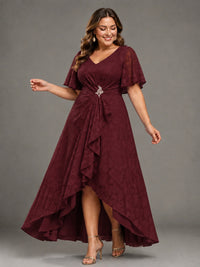 Jacquard Chiffon A-Line V-Neck High-Low Mother of the Bride Dress