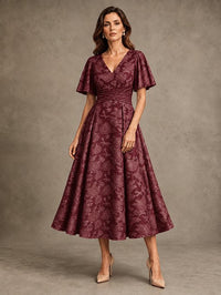 V-Neck Floral Jacquard Tea-Length Mother of the Bride Dress