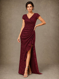 V-Neck Floral Jacquard Mother of the Bride Dress with Slit