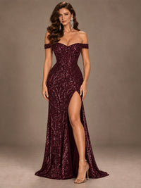 Off the Shoulder Corset Sequin Mermaid Prom Dress with Slit