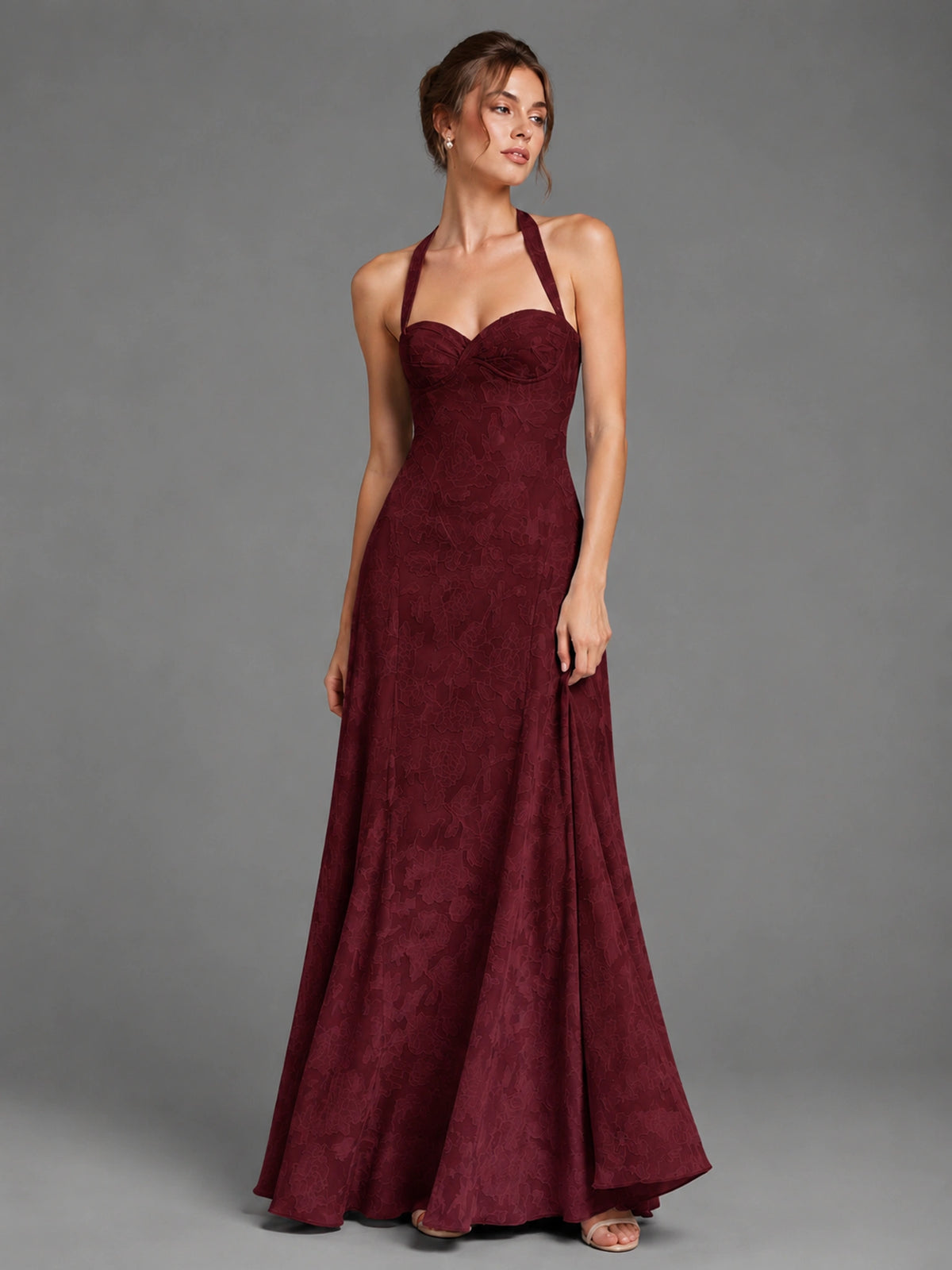 A-Line Halter Floral Chiffon Maxi Dress