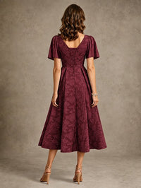 V-Neck Floral Jacquard Tea-Length Mother of the Bride Dress