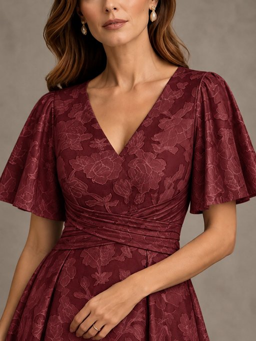 V-Neck Floral Jacquard Tea-Length Mother of the Bride Dress