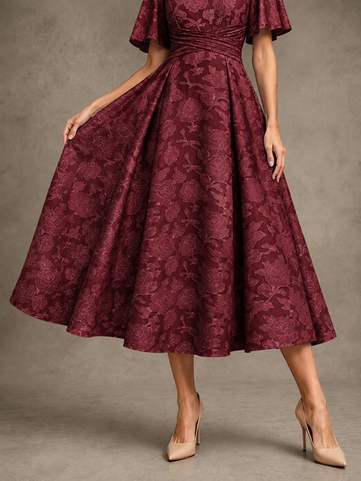 V-Neck Floral Jacquard Tea-Length Mother of the Bride Dress