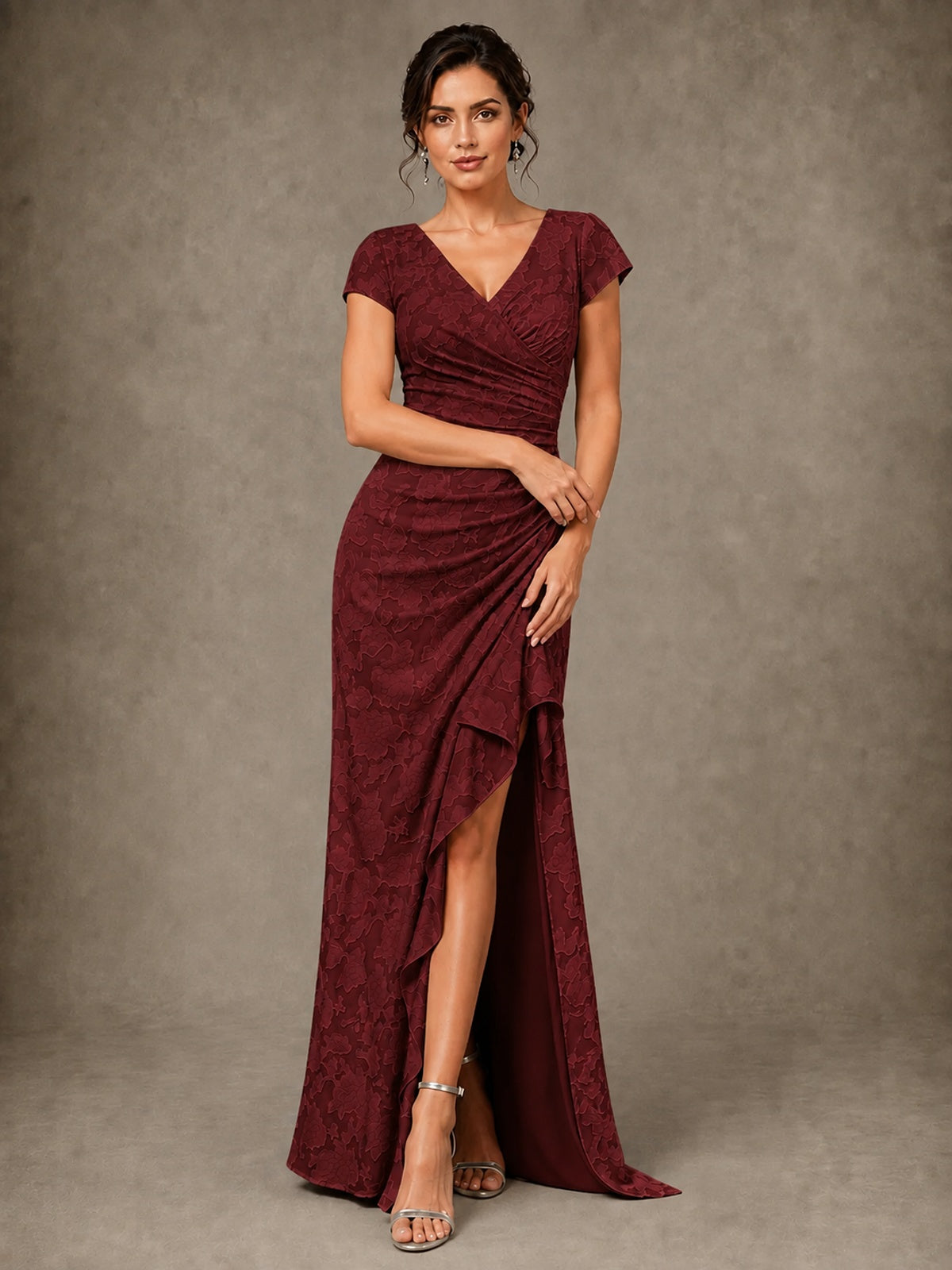 V-Neck Floral Jacquard Mother of the Bride Dress with Slit