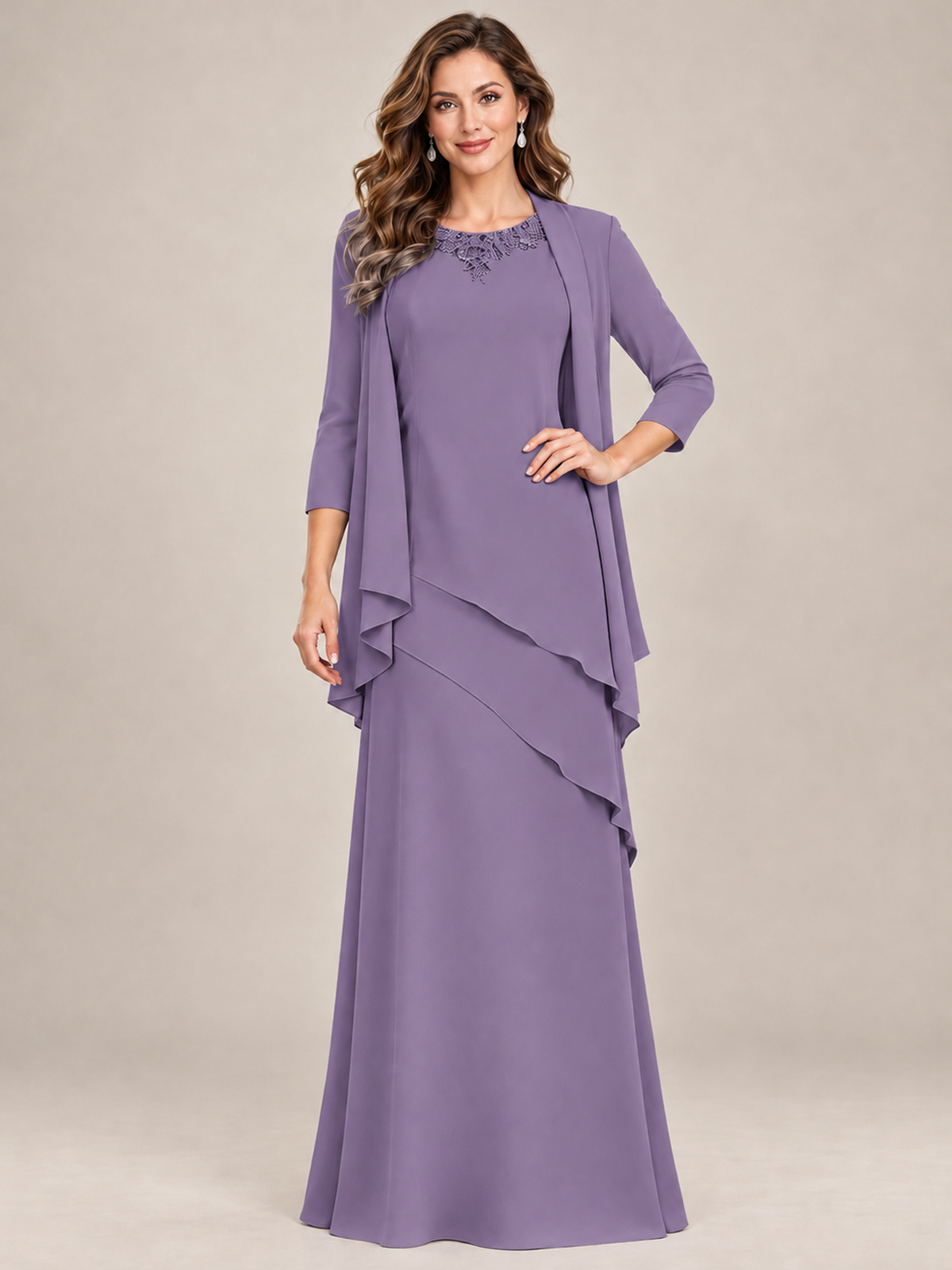 Dusty Blue Two-Piece Chiffon Mother of the Bride Dress with Jacket