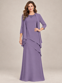 Dusty Blue Two-Piece Chiffon Mother of the Bride Dress with Jacket