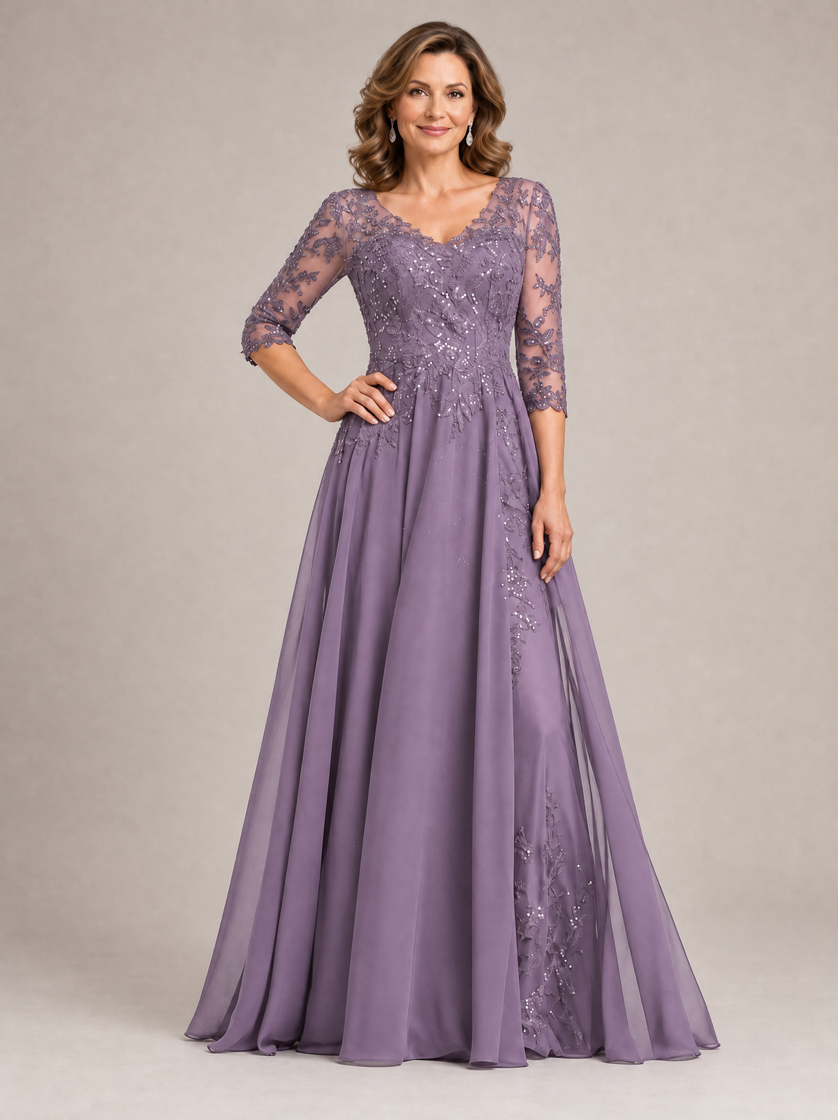 Navy Blue Sequin Lace A-Line Mother of the Bride Dress with 3/4 Sleeves