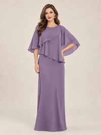 Dusty Blue Cape Sleeve Mother of the Bride Dress with Asymmetrical Overlay