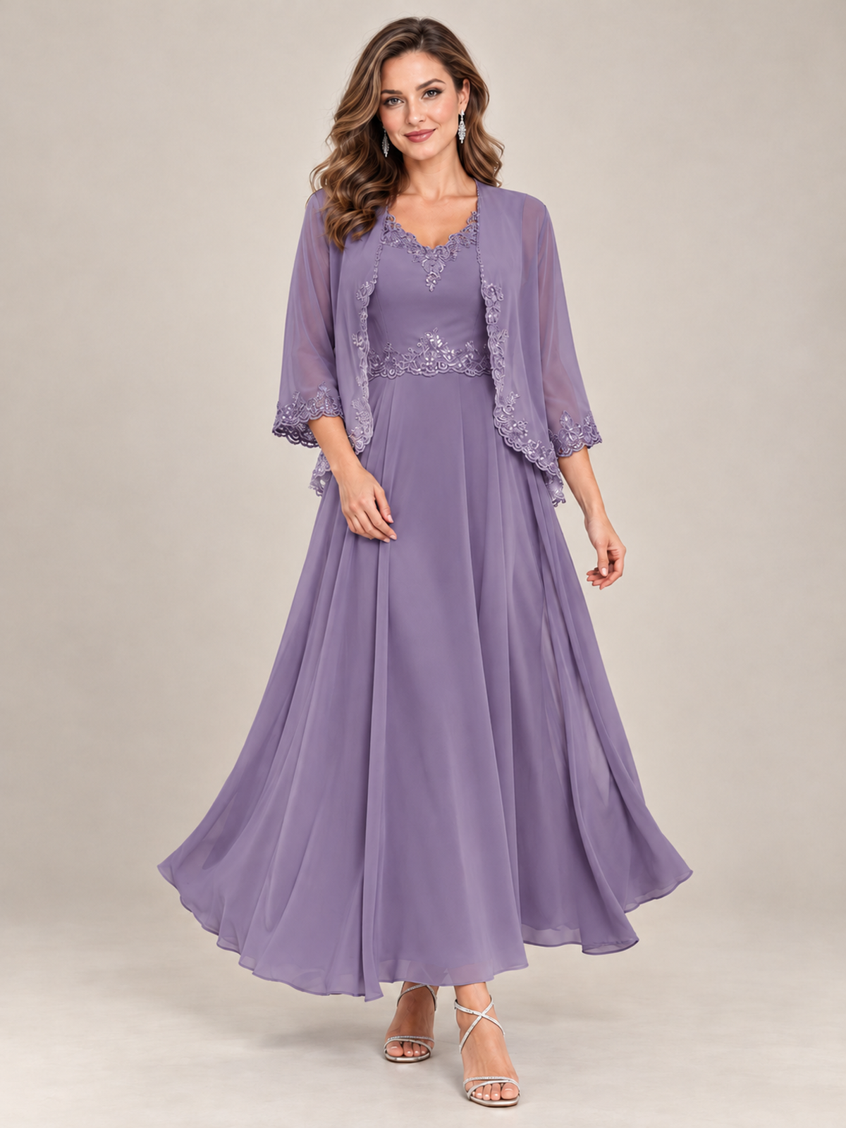 Dusty Blue Floral Lace Chiffon Mother of the Bride Dress with Jacket