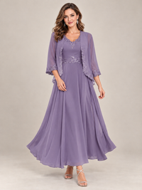 Dusty Blue Floral Lace Chiffon Mother of the Bride Dress with Jacket