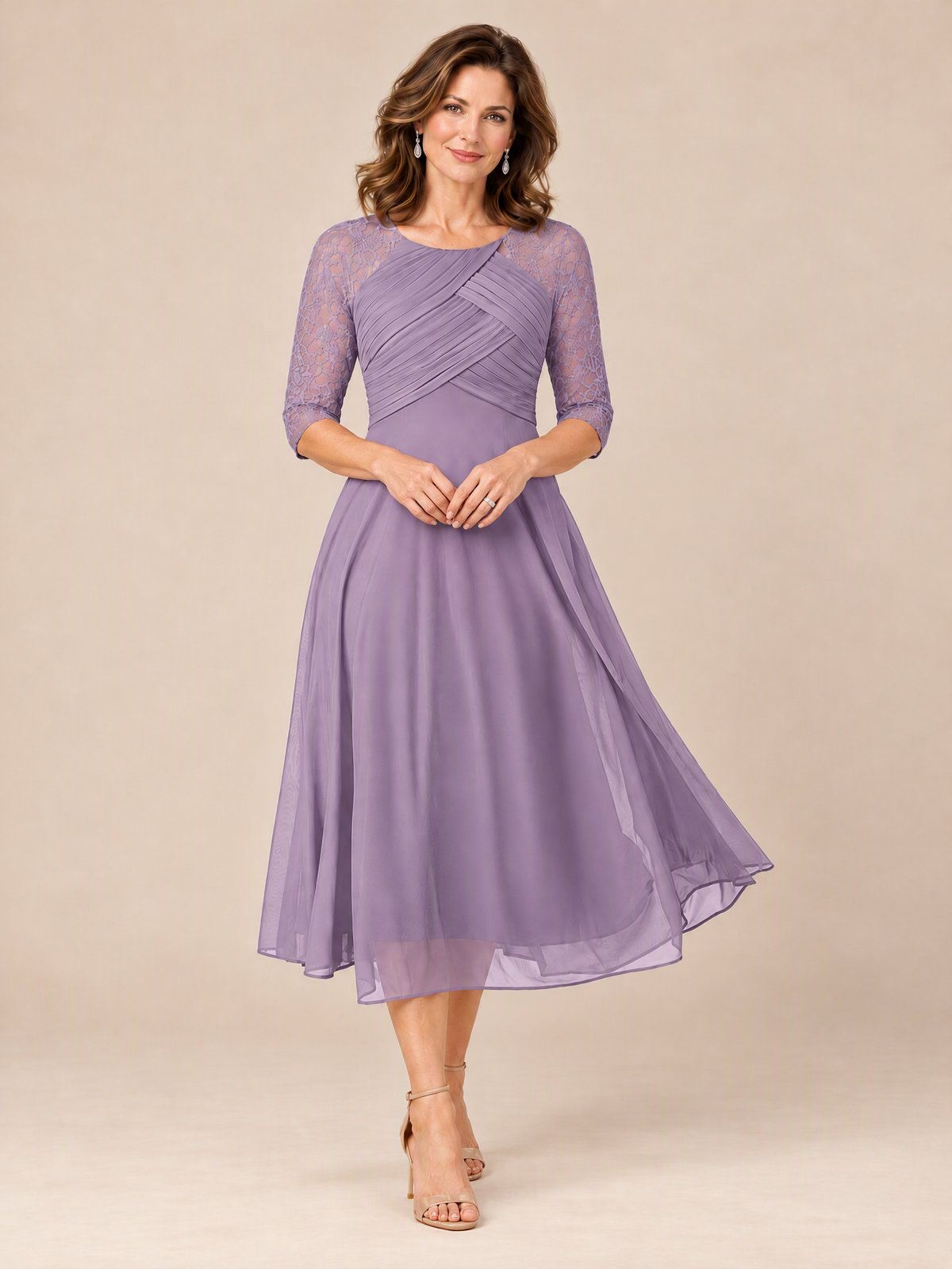 Dusty Blue Tea-Length Mother of the Bride Dress with Lace 3/4 Sleeves