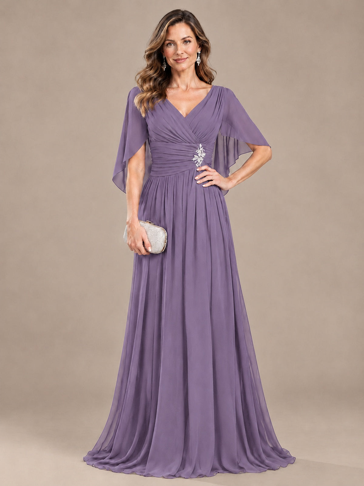 Ruched V Neck Mother of The Bride Dresses with Shawls Appliques and Cap Sleeves