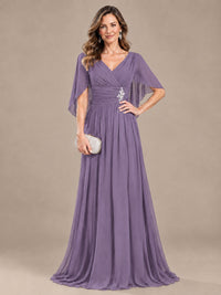 Ruched V Neck Mother of The Bride Dresses with Shawls Appliques and Cap Sleeves