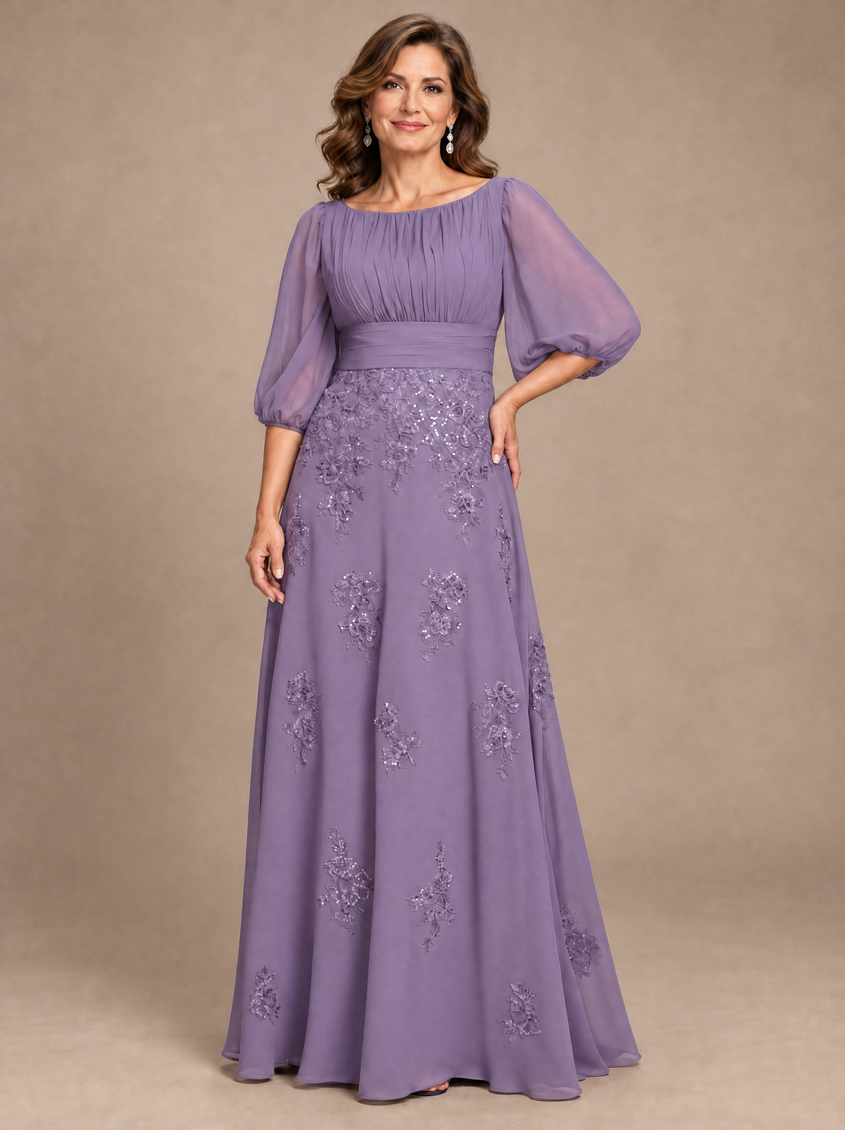 Navy Blue A-Line Mother of the Bride Dress with Sheer Puff Sleeves