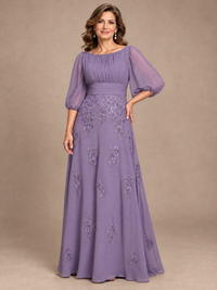 Navy Blue A-Line Mother of the Bride Dress with Sheer Puff Sleeves