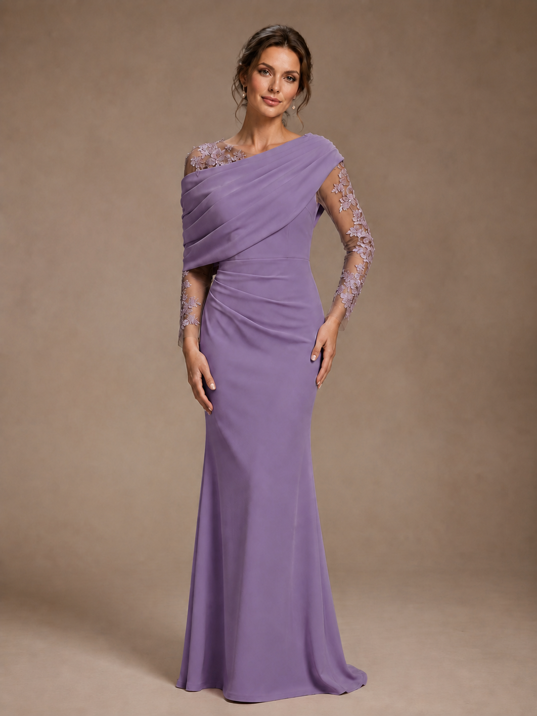 Dusty Rose Illusion Long Sleeve Chiffon Applique Mother of The Bride Dress
