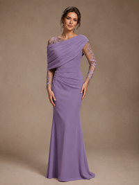 Dusty Rose Illusion Long Sleeve Chiffon Applique Mother of The Bride Dress