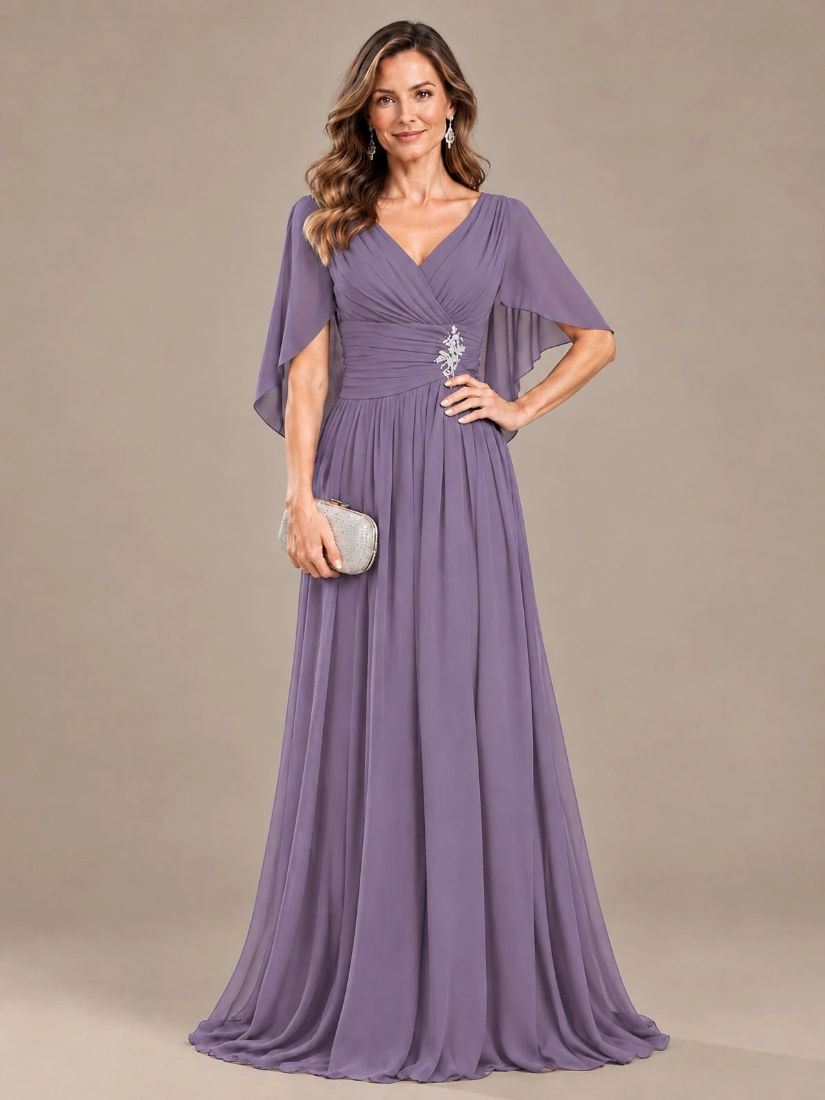 Ruched V Neck Mother of The Bride Dresses with Shawls Appliques and Cap Sleeves