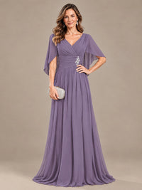Ruched V Neck Mother of The Bride Dresses with Shawls Appliques and Cap Sleeves