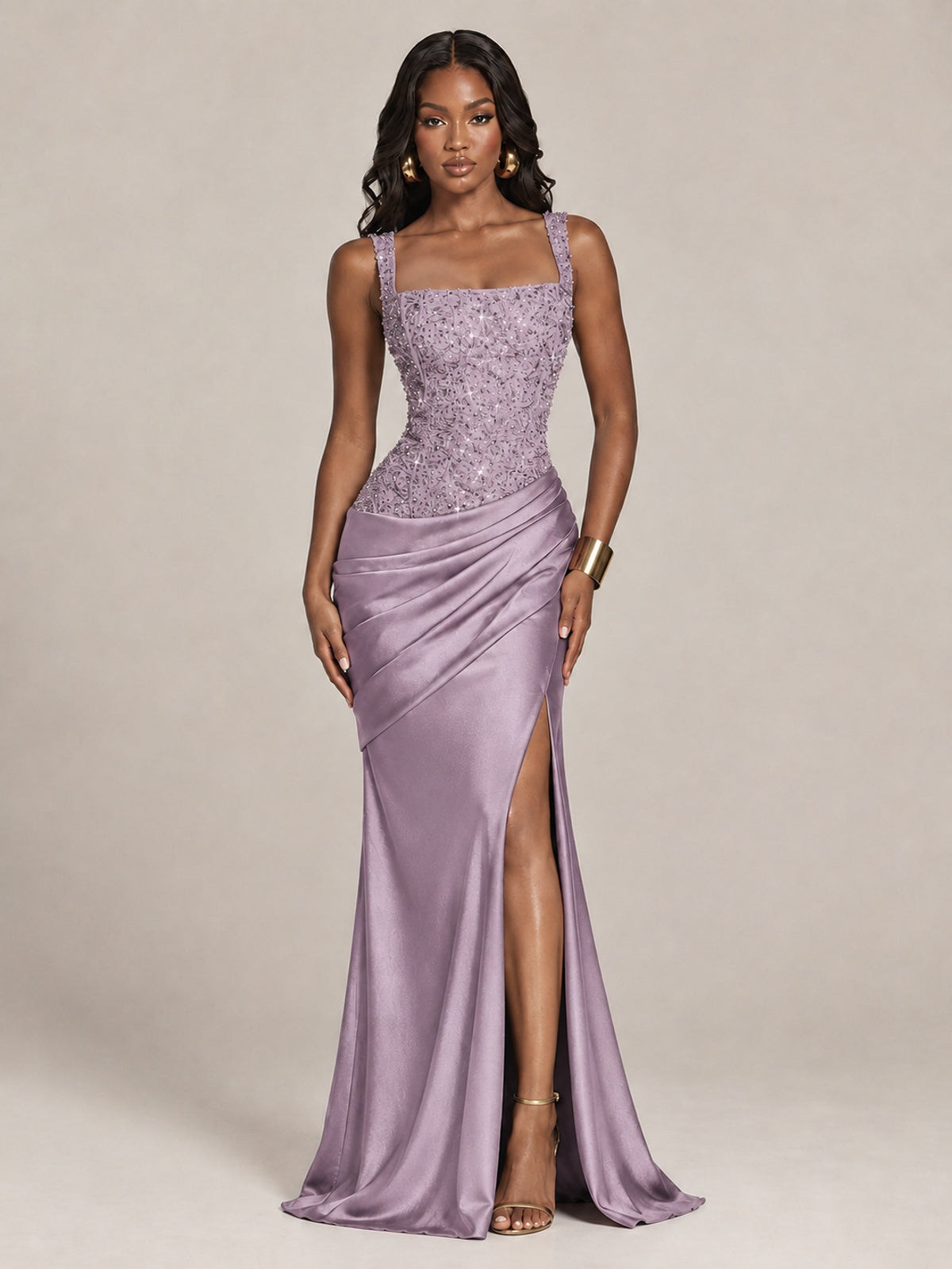 Scoop Neck Sequin Prom Dress with High Slit Satin Formal Gowns