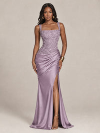 Scoop Neck Sequin Prom Dress with High Slit Satin Formal Gowns