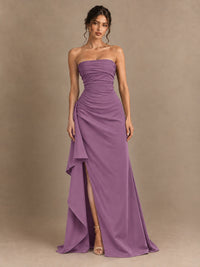 Black and White Strapless Ruched Prom Dress with High Slit & Side Drape