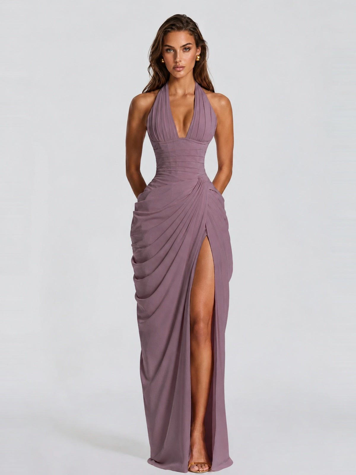 Ruched Halter Neck High-Slit Prom & Evening Dress