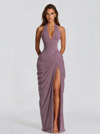 Ruched Halter Neck High-Slit Prom & Evening Dress