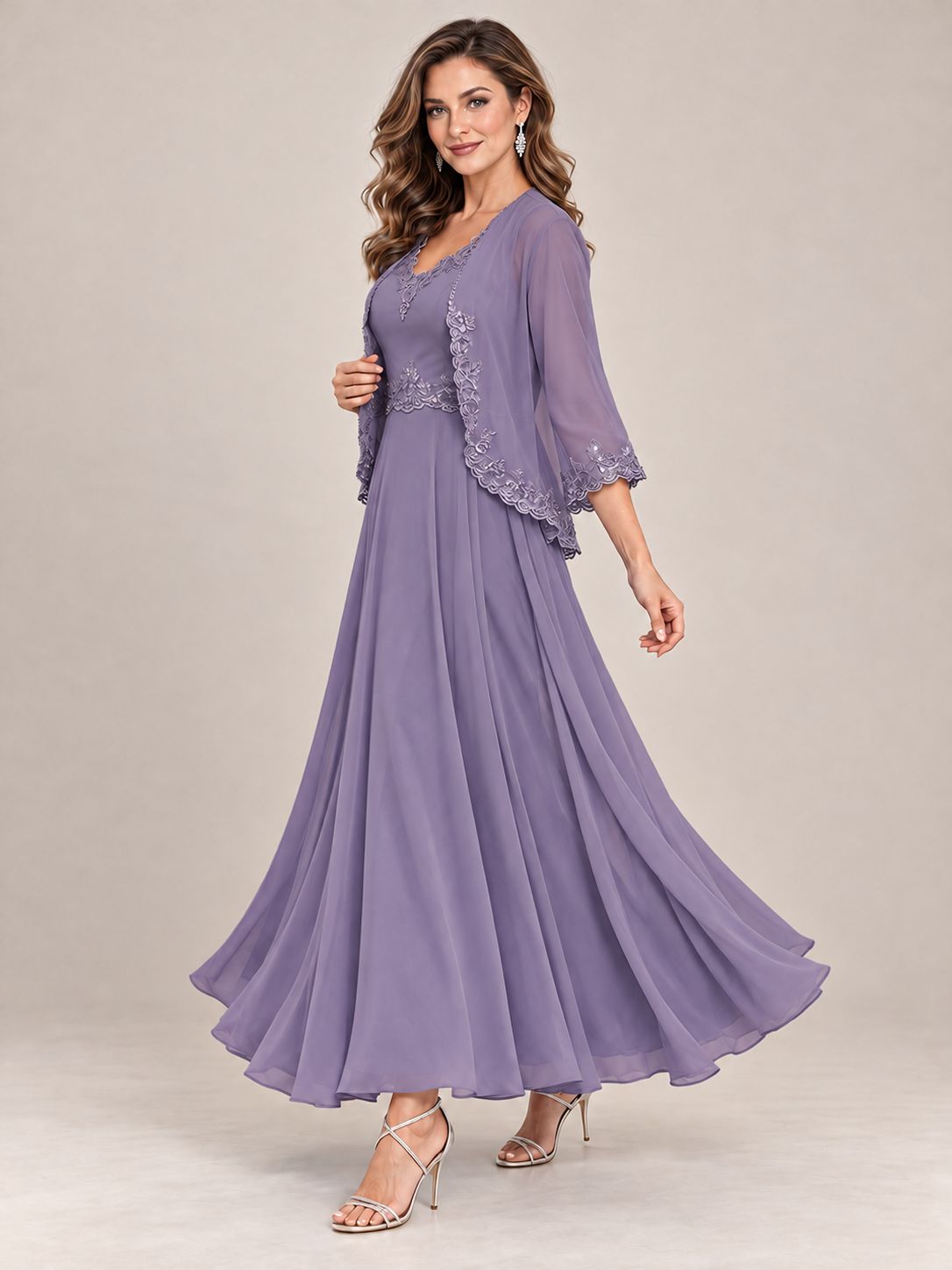Dusty Blue Floral Lace Chiffon Mother of the Bride Dress with Jacket