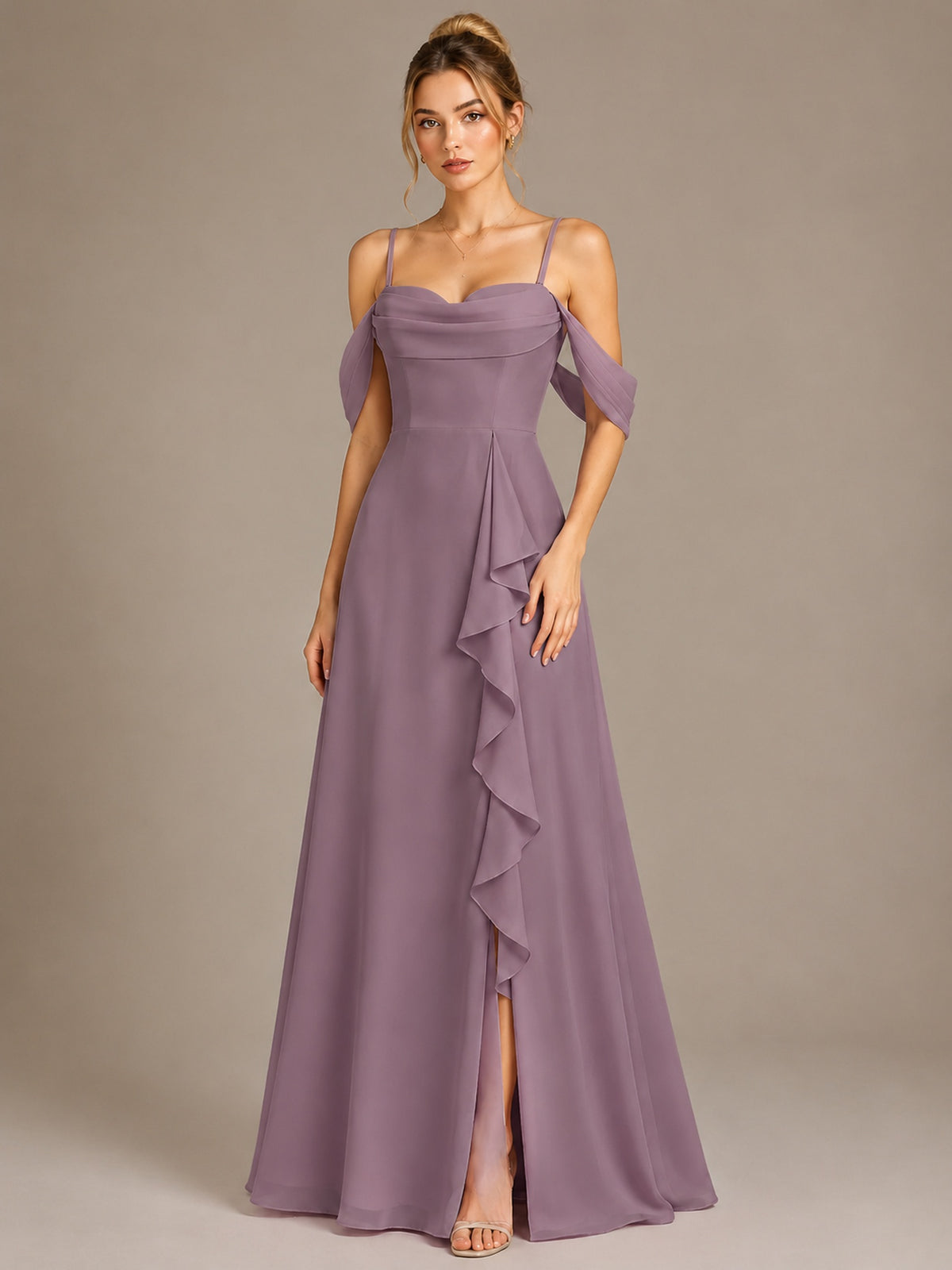 Spaghetti Strap Chiffon Bridesmaid Dress with Ruffles Slit