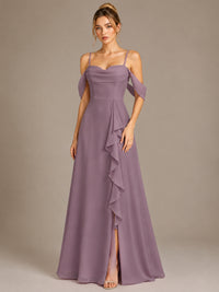 Spaghetti Strap Chiffon Bridesmaid Dress with Ruffles Slit