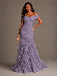 Pink Off-the-Shoulder Mermaid Prom Dress with Ruffles 3D Flowers