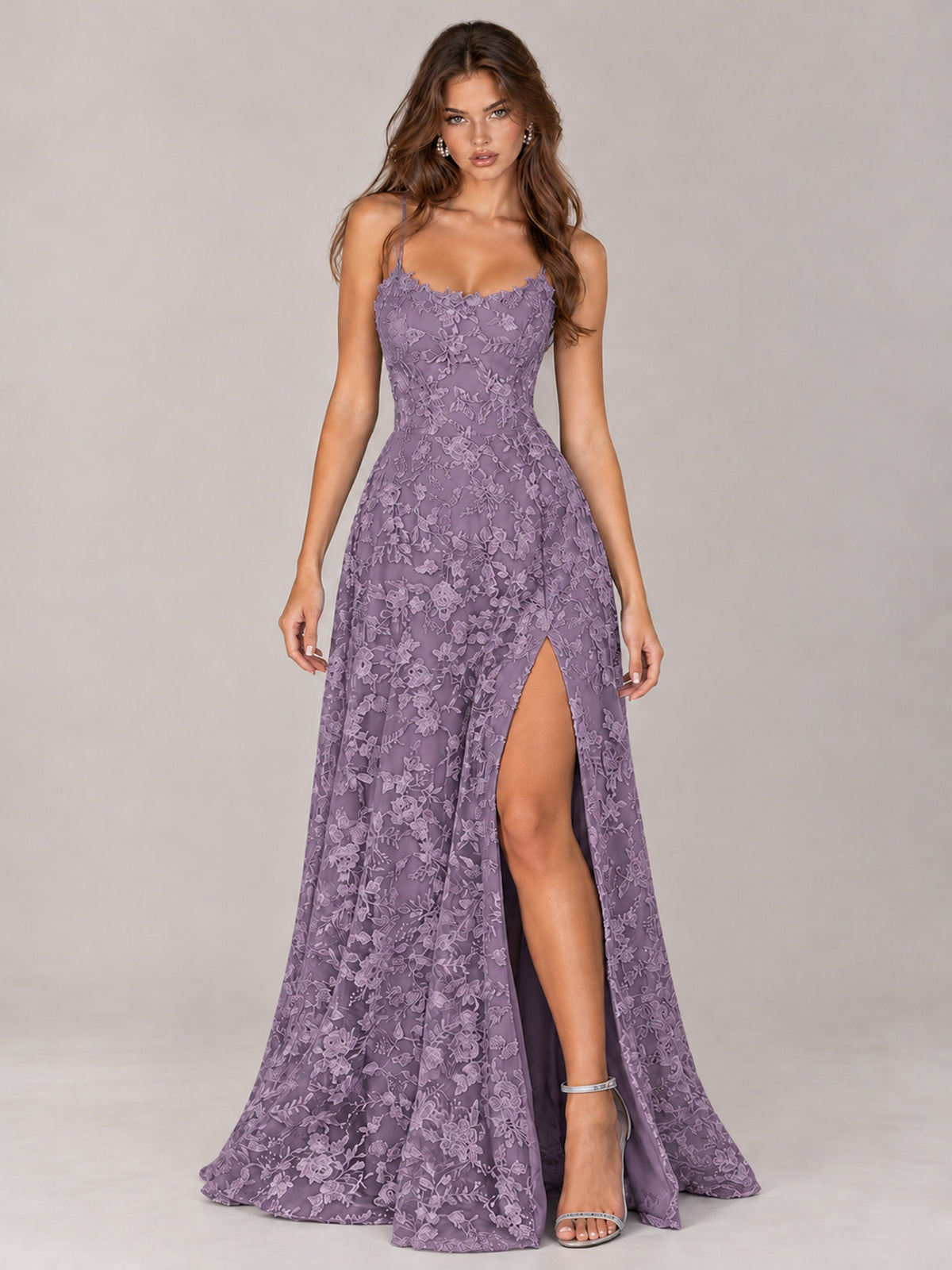 Floral Lace A-Line Prom Dress with Spaghetti Straps & High Slit