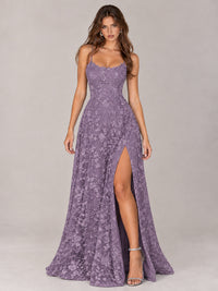 Floral Lace A-Line Prom Dress with Spaghetti Straps & High Slit