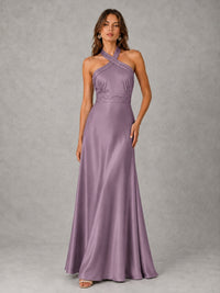 Sage Green Satin A-Line Bridesmaid Dress with Halter Neck