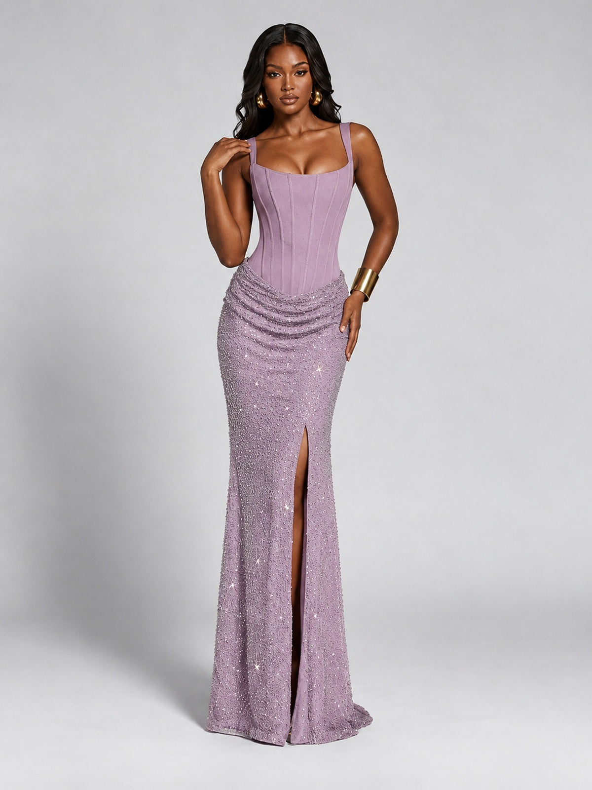 Sequin Corset Mermaid Prom Dress with Square Neck Wide Strap High Slit