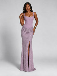 Sequin Corset Mermaid Prom Dress with Square Neck Wide Strap High Slit
