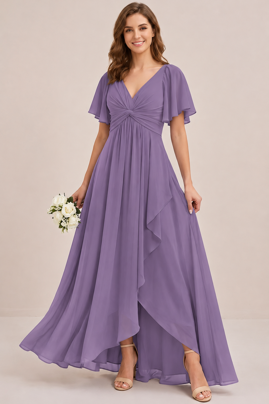 Dusty Blue Chiffon Bridesmaid Dress with Flutter Sleeves & High-Low Hem